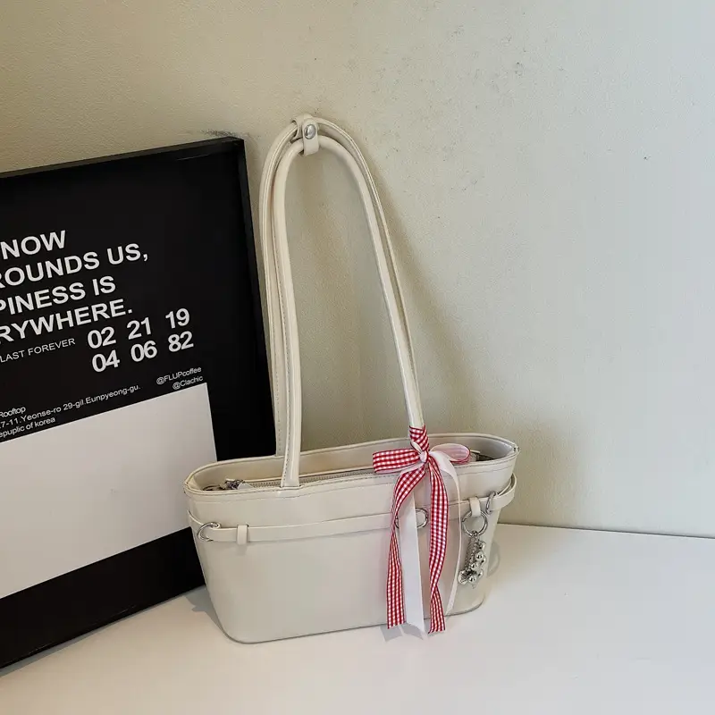 Women's Beige One-shoulder Handbag with Ribbon - Image 5