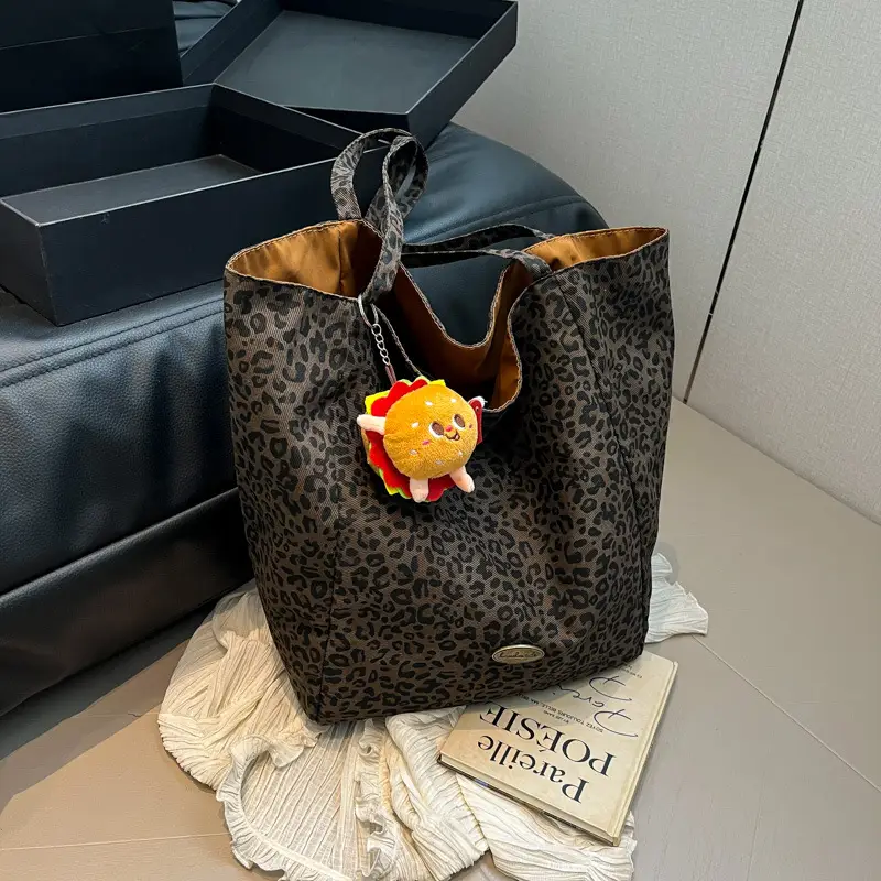 Leopard Print Women's Large Tote Bag with Cute Charm - Image 2