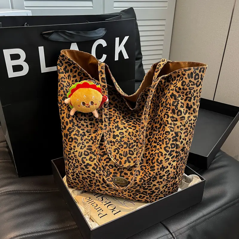 Leopard Print Women's Large Tote Bag with Cute Charm - Image 3