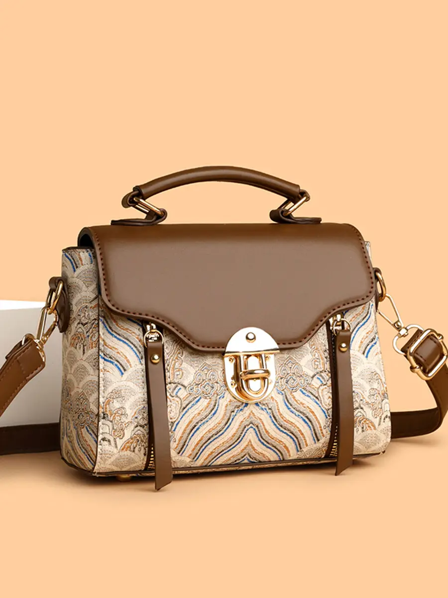 Retro Brown Embroidered Shoulder Bag for Women