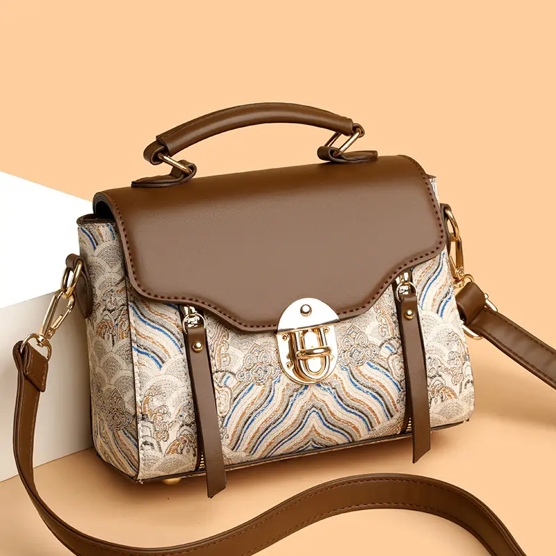 Retro Brown Embroidered Shoulder Bag for Women