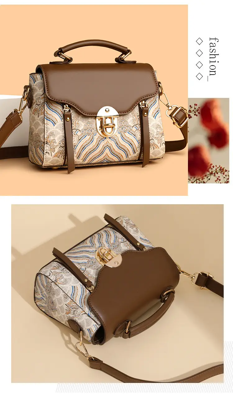 Retro Style Women's Shoulder Bag Brown Patterned Large Capacity — feature 12