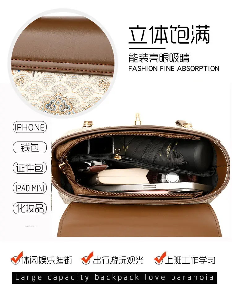 Retro Style Women's Shoulder Bag Brown Patterned Large Capacity — feature 9