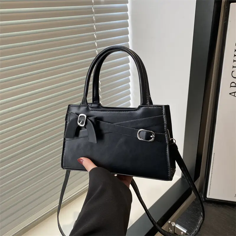 Black Textured Bow Shoulder Bag for Women 2025