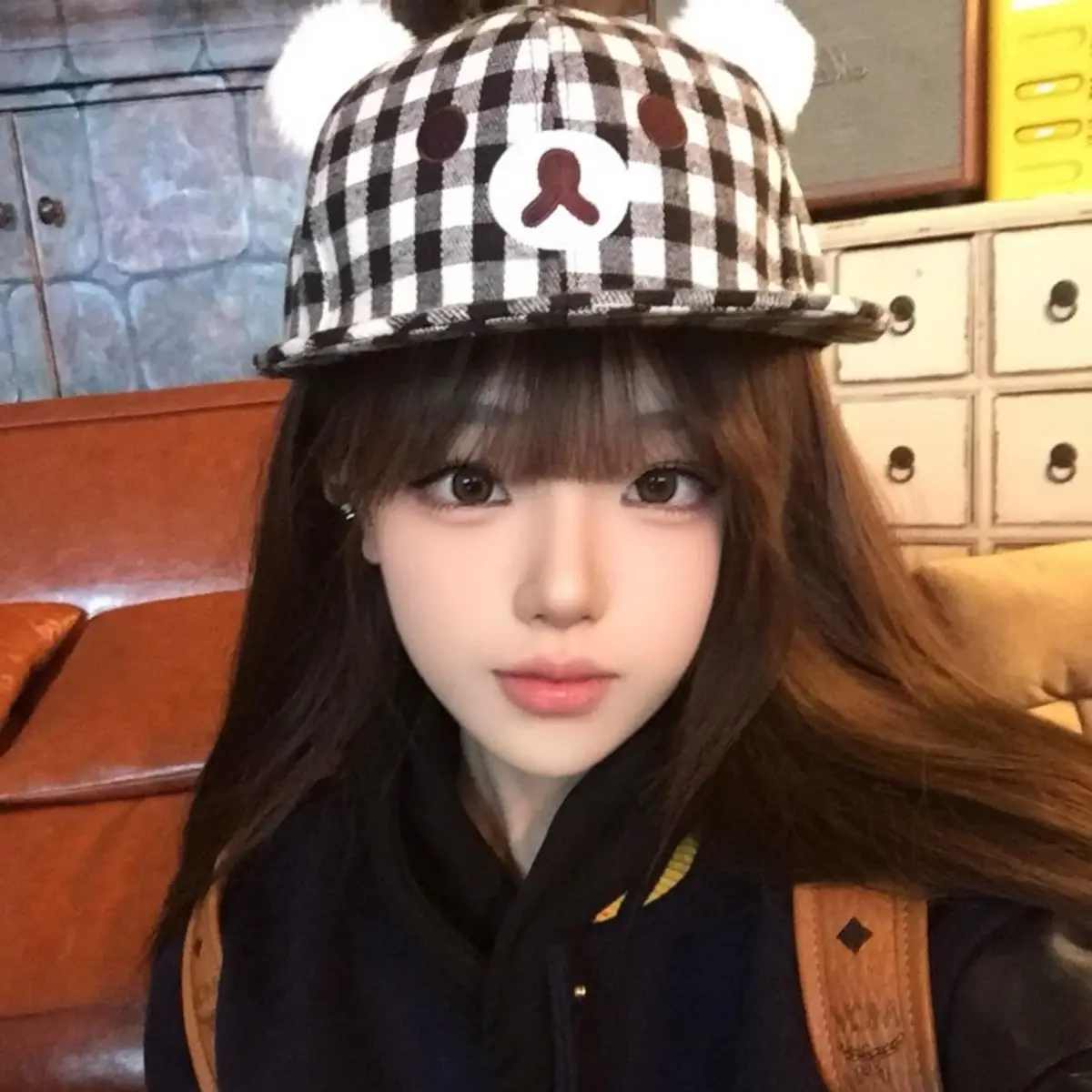 Cute Bear Ears Black White Plaid Cap Women Spring Summer Flat Brim Baseball Hat - Image 3
