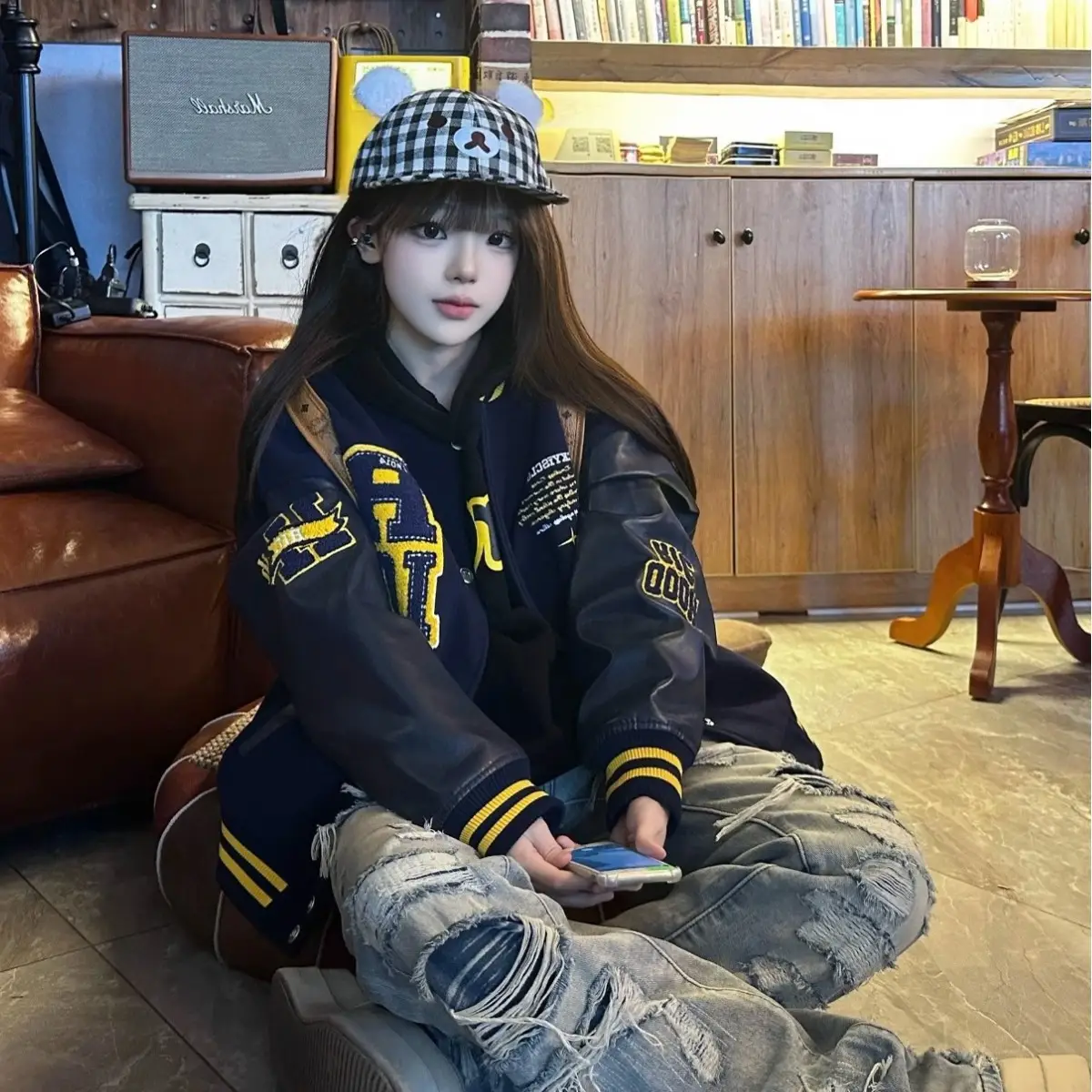 Cute Bear Ears Black White Plaid Cap Women Spring Summer Flat Brim Baseball Hat - Image 5