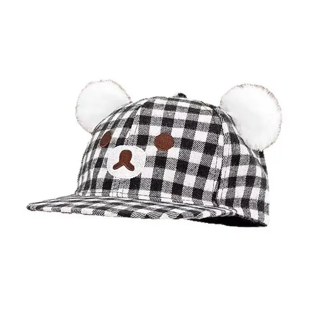 Cute Bear Ears Black White Plaid Cap Women Spring Summer Flat Brim Baseball Hat - Image 6