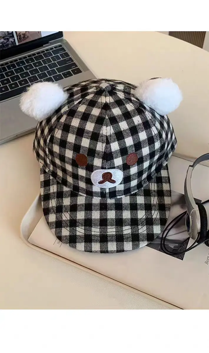 Cute Bear Ears Black White Plaid Cap Women Spring Summer Flat Brim Baseball Hat — feature 10