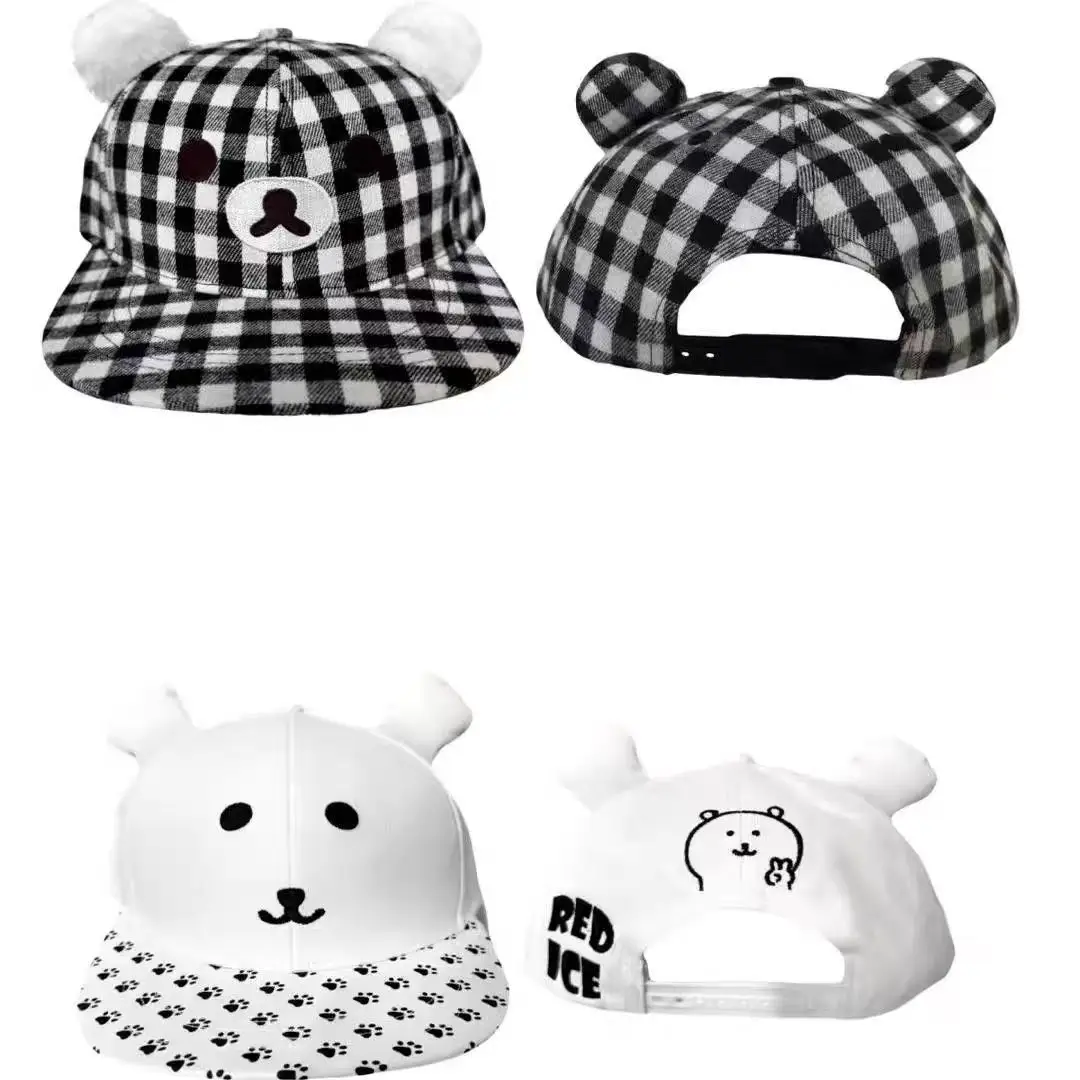 Cute Bear Ears Black White Plaid Cap Women Spring Summer Flat Brim Baseball Hat — feature 4