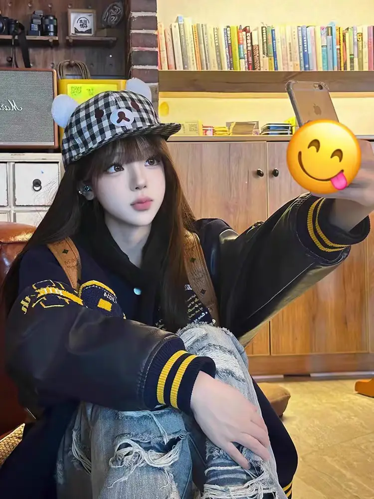 Cute Bear Ears Black White Plaid Cap Women Spring Summer Flat Brim Baseball Hat — feature 5