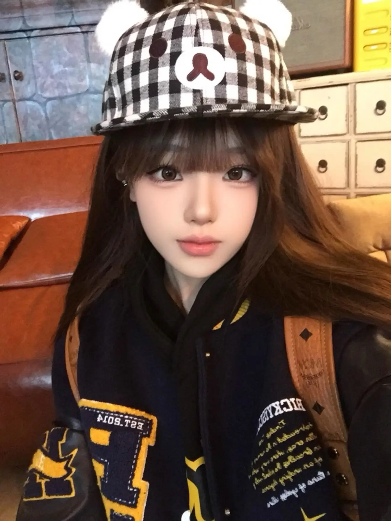 Cute Bear Ears Black White Plaid Cap Women Spring Summer Flat Brim Baseball Hat — feature 6