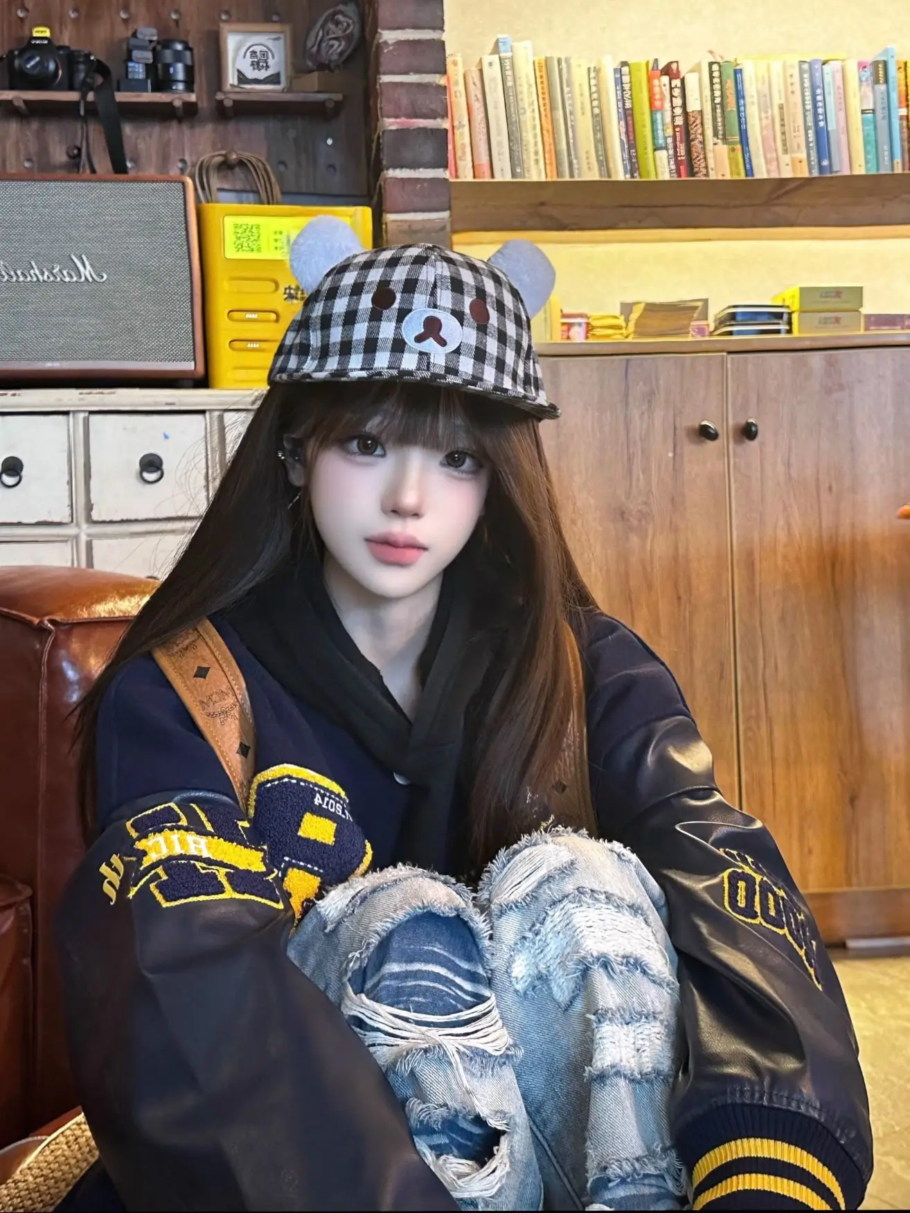 Cute Bear Ears Black White Plaid Cap Women Spring Summer Flat Brim Baseball Hat — feature 7