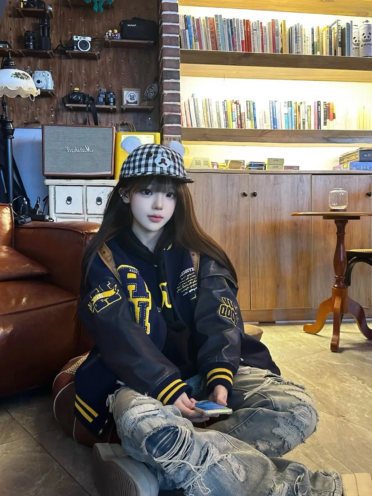 Cute Bear Ears Black White Plaid Cap Women Spring Summer Flat Brim Baseball Hat — feature 8