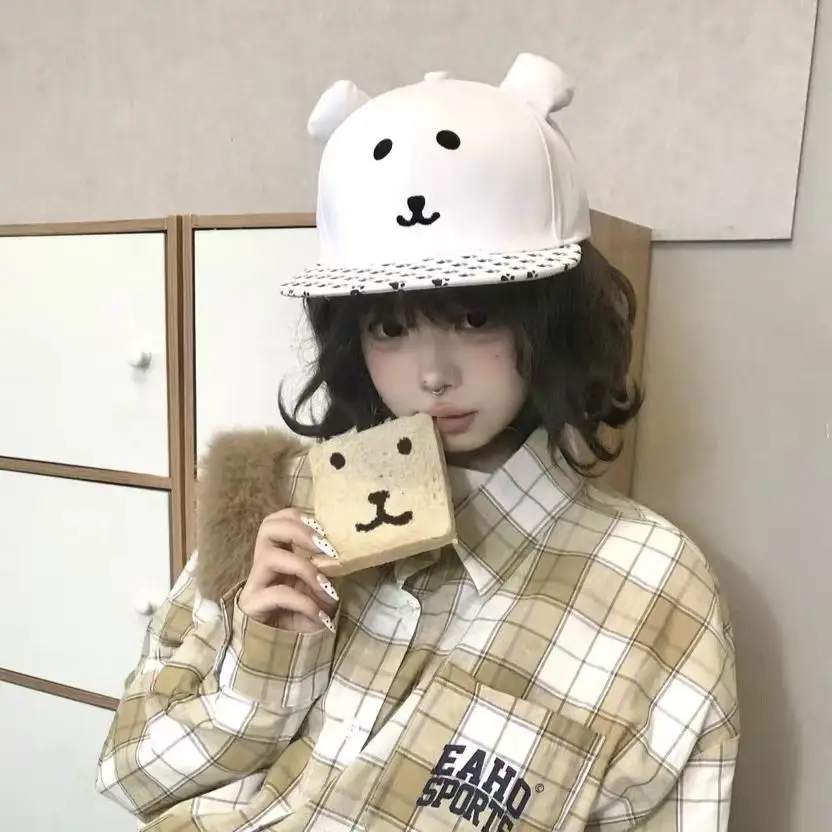 Cute Bear Ears Black White Plaid Cap Women Spring Summer Flat Brim Baseball Hat - Image 2