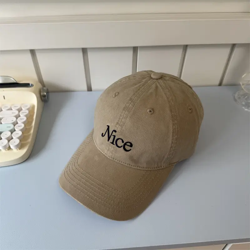 Korean Letter Embroidered Cap Women Tan - Image 7