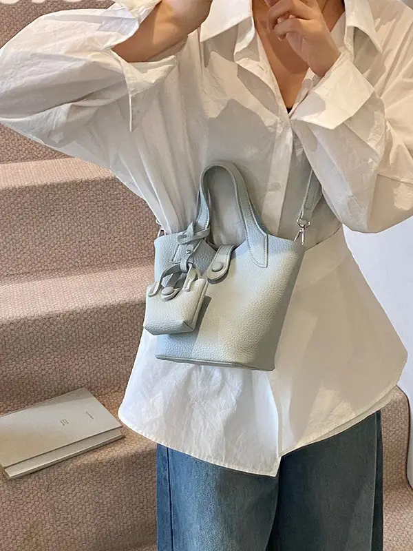 Korean Style Beige Leather Bucket Bag 2026 - Image 9