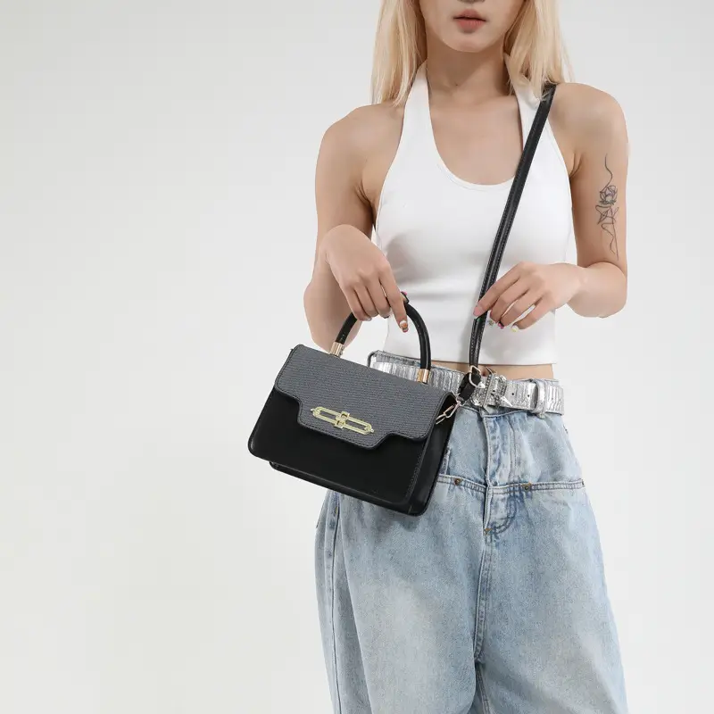 Women's Blue Black Crossbody Bag with Gold Clasp - Image 8