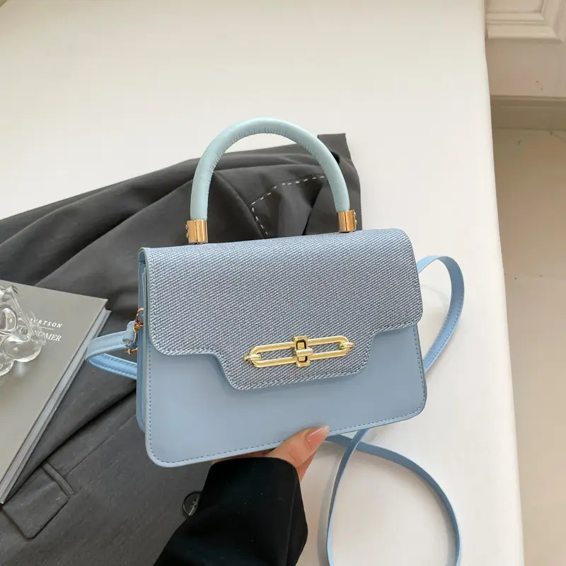 Women's Blue Black Crossbody Bag with Gold Clasp - Image 5