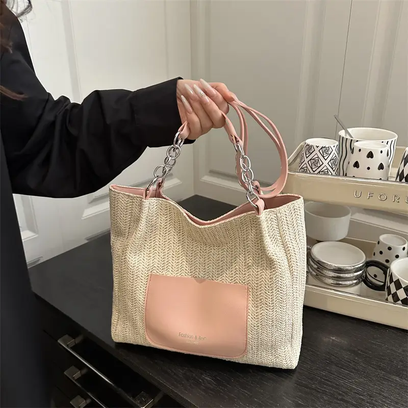 Women's Beige Straw Tote Bag with Pink Leather Panel - Image 5