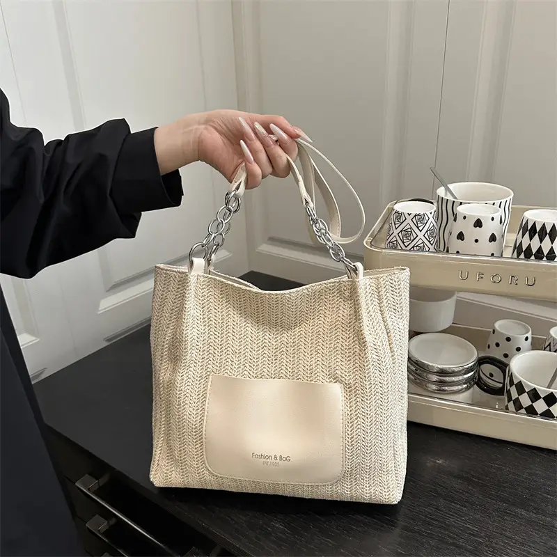 Women's Beige Straw Tote Bag with Pink Leather Panel - Image 6