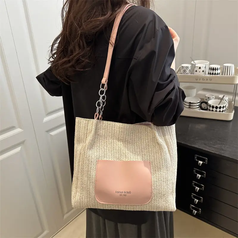 Women's Beige Straw Tote Bag with Pink Leather Panel - Image 7