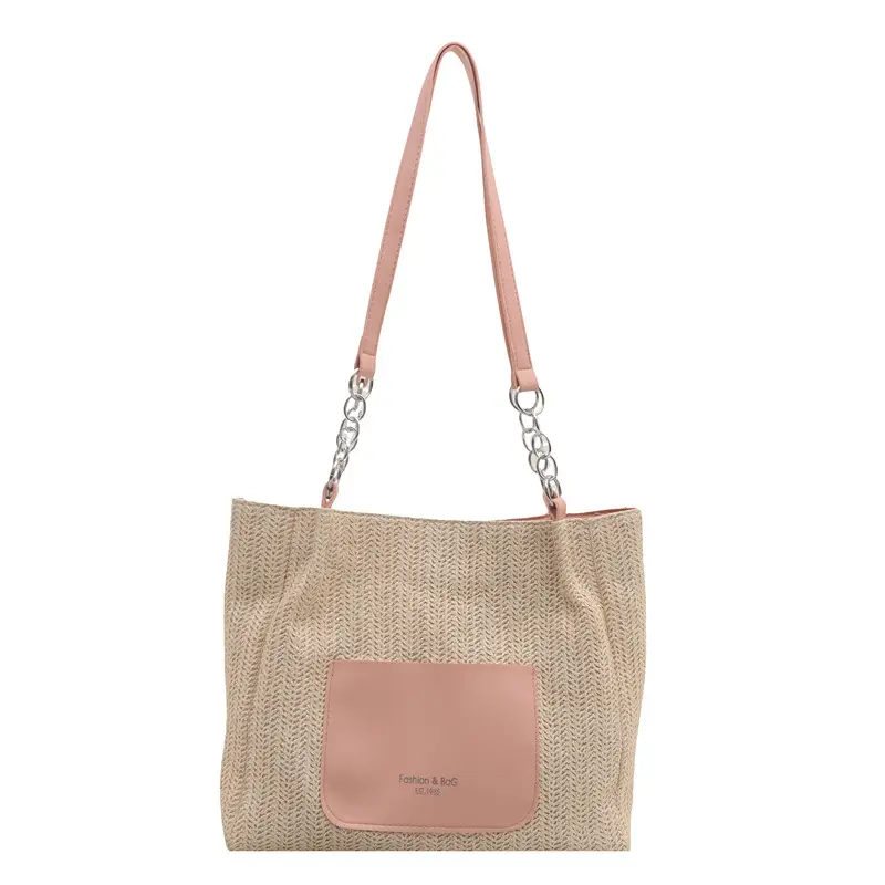 Women's Beige Straw Tote Bag with Pink Leather Panel - Image 9