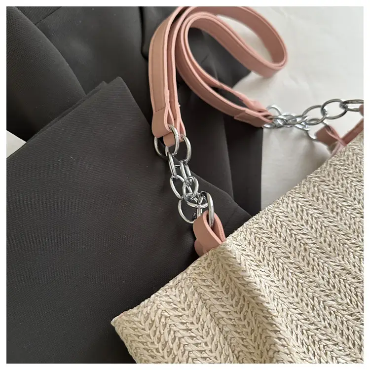 Women's Beige Straw Tote Bag with Pink Leather Panel — feature 10