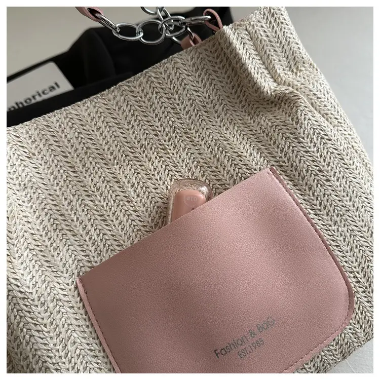 Women's Beige Straw Tote Bag with Pink Leather Panel — feature 11