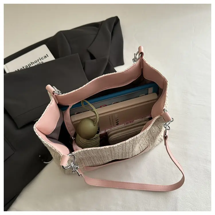 Women's Beige Straw Tote Bag with Pink Leather Panel — feature 12