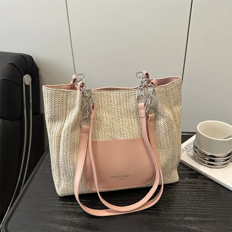 Women's Beige Straw Tote Bag with Pink Leather Panel — feature 13