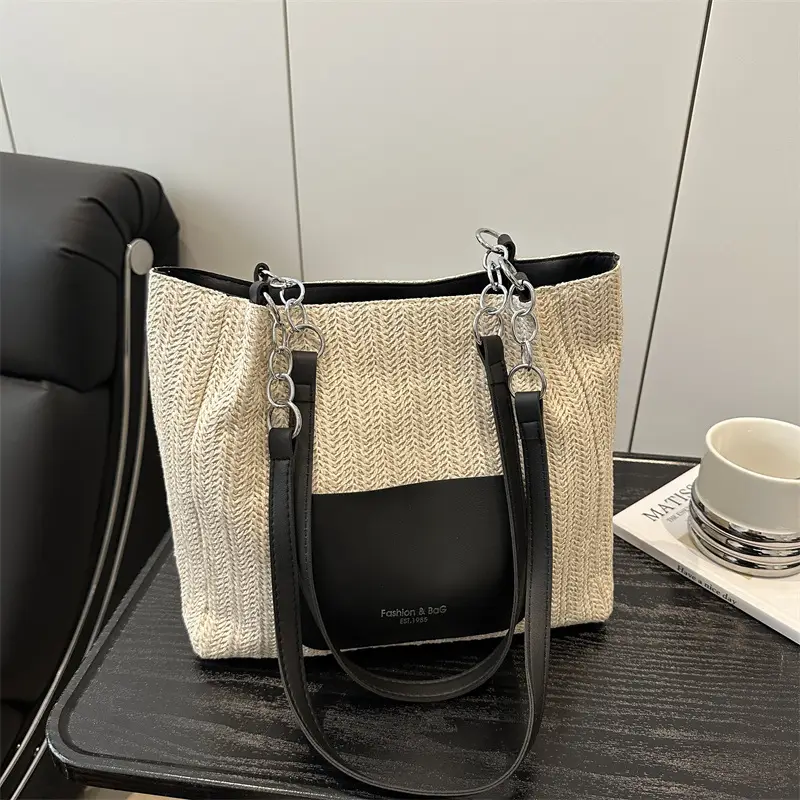 Women's Beige Straw Tote Bag with Pink Leather Panel — feature 15