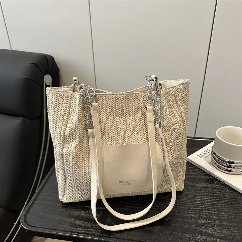 Women's Beige Straw Tote Bag with Pink Leather Panel — feature 16
