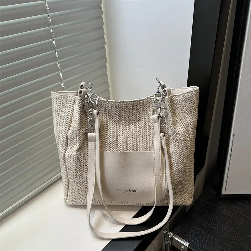 Women's Beige Straw Tote Bag with Pink Leather Panel — feature 17