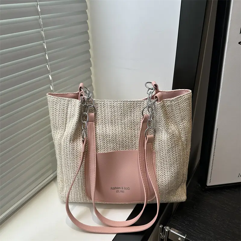 Women's Beige Straw Tote Bag with Pink Leather Panel — feature 18