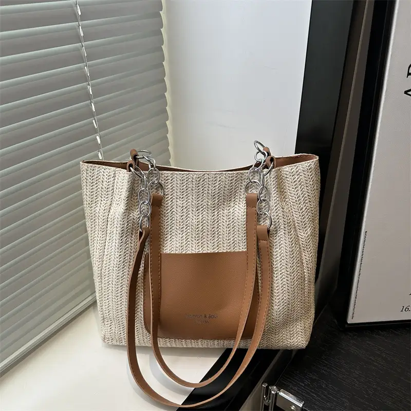 Women's Beige Straw Tote Bag with Pink Leather Panel — feature 19