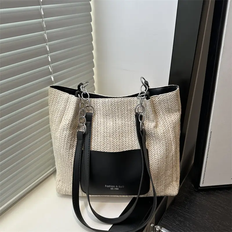 Women's Beige Straw Tote Bag with Pink Leather Panel — feature 20