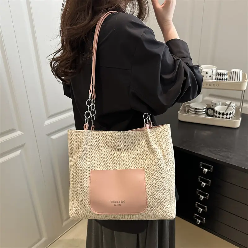 Women's Beige Straw Tote Bag with Pink Leather Panel — feature 21