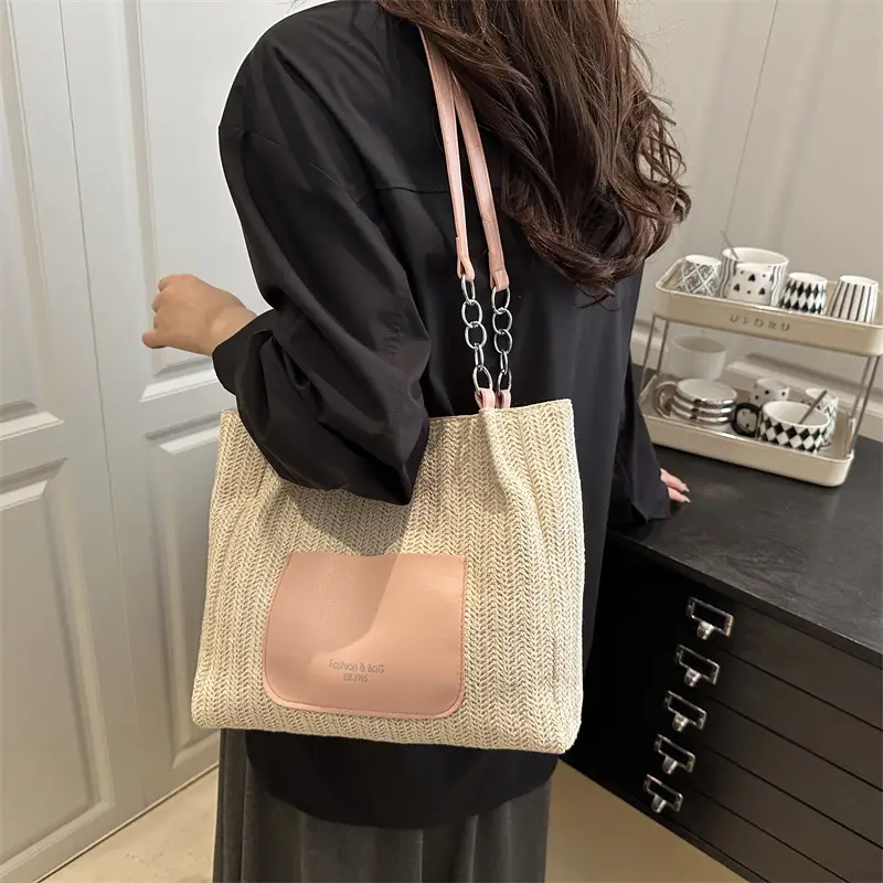 Women's Beige Straw Tote Bag with Pink Leather Panel — feature 22