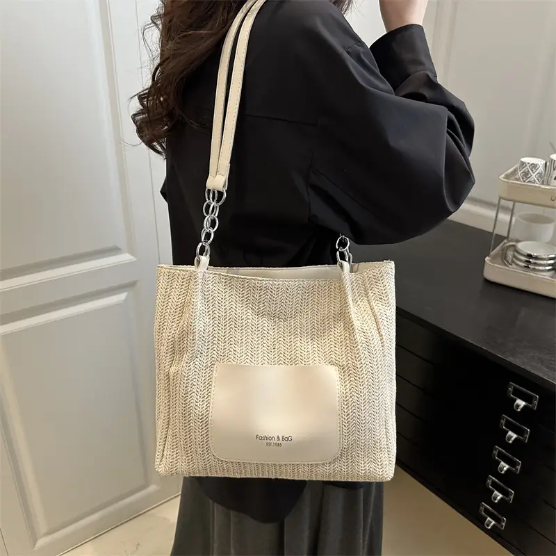 Women's Beige Straw Tote Bag with Pink Leather Panel — feature 23
