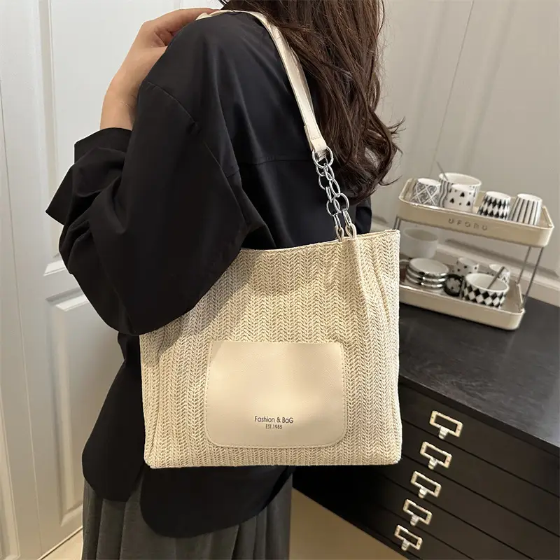 Women's Beige Straw Tote Bag with Pink Leather Panel — feature 24