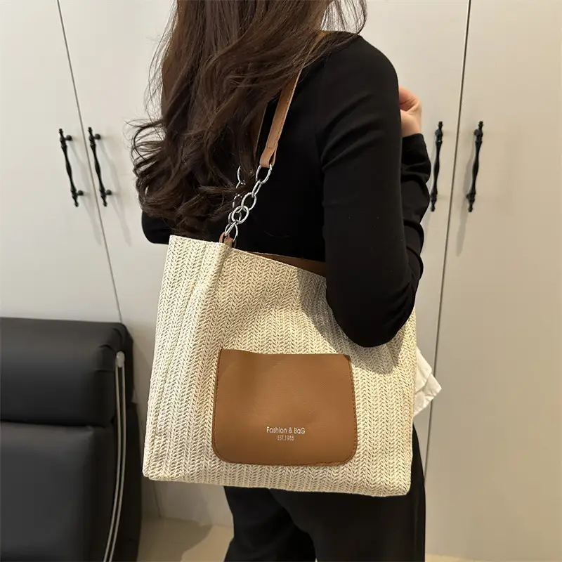 Women's Beige Straw Tote Bag with Pink Leather Panel — feature 25