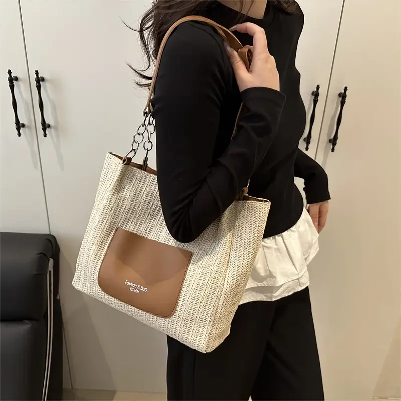Women's Beige Straw Tote Bag with Pink Leather Panel — feature 26