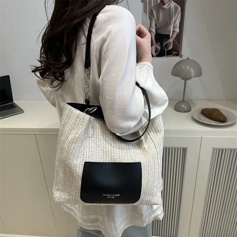 Women's Beige Straw Tote Bag with Pink Leather Panel — feature 27