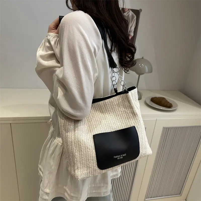 Women's Beige Straw Tote Bag with Pink Leather Panel — feature 28