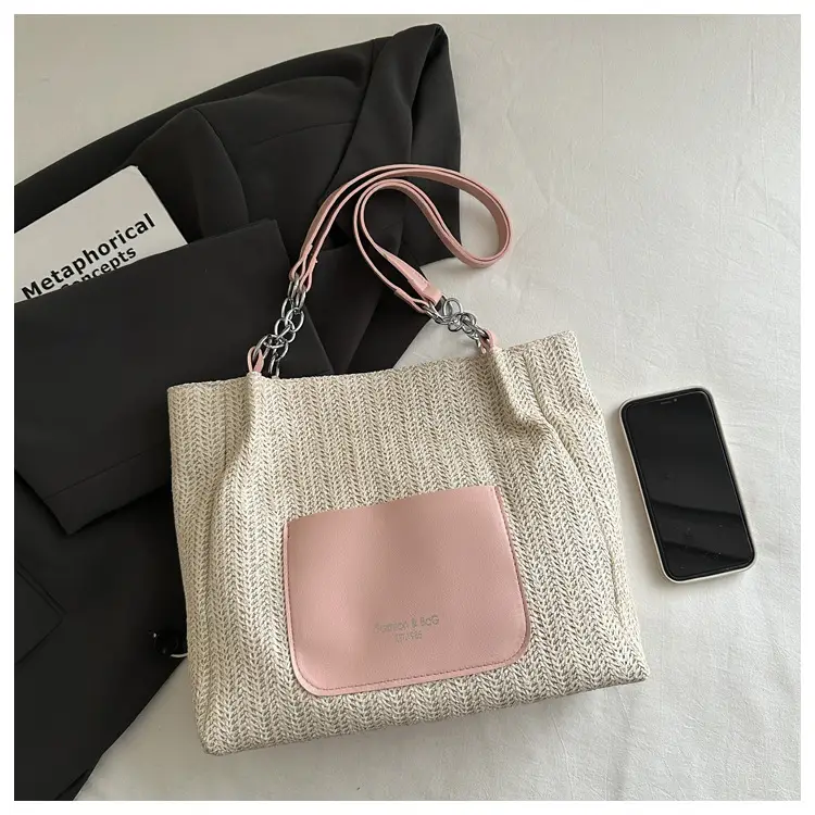 Women's Beige Straw Tote Bag with Pink Leather Panel — feature 5