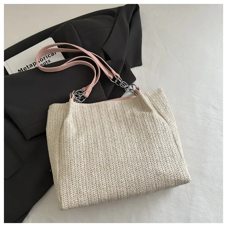 Women's Beige Straw Tote Bag with Pink Leather Panel — feature 6