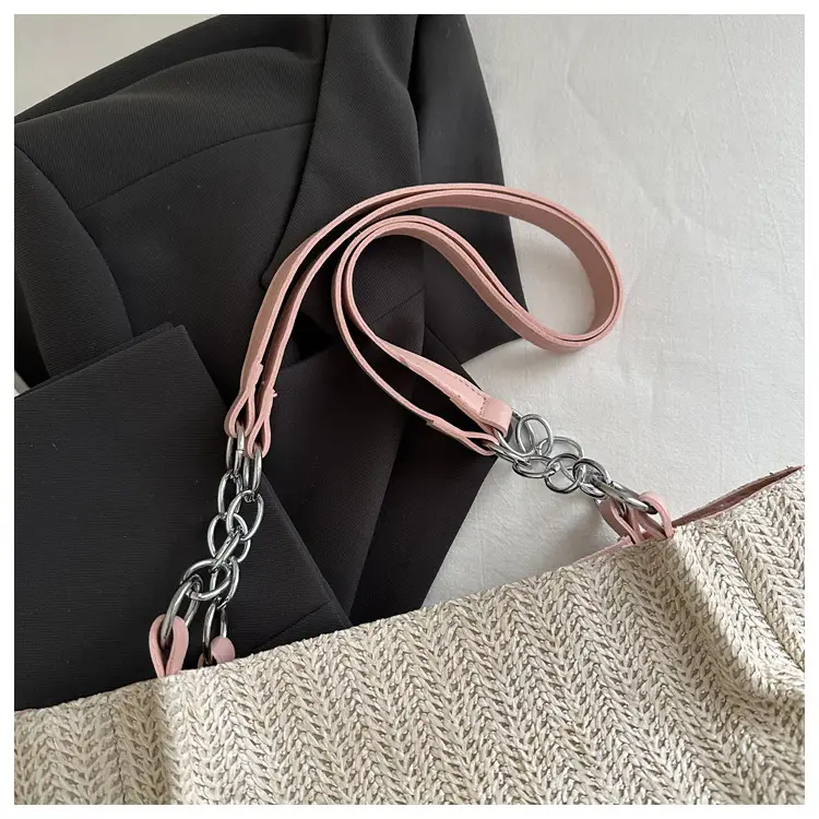 Women's Beige Straw Tote Bag with Pink Leather Panel — feature 7