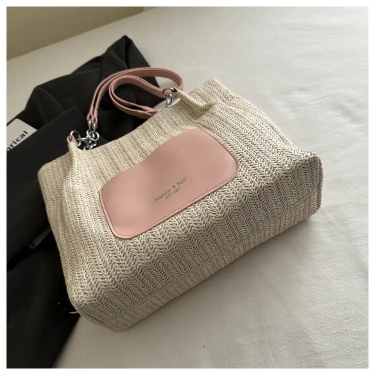 Women's Beige Straw Tote Bag with Pink Leather Panel — feature 8