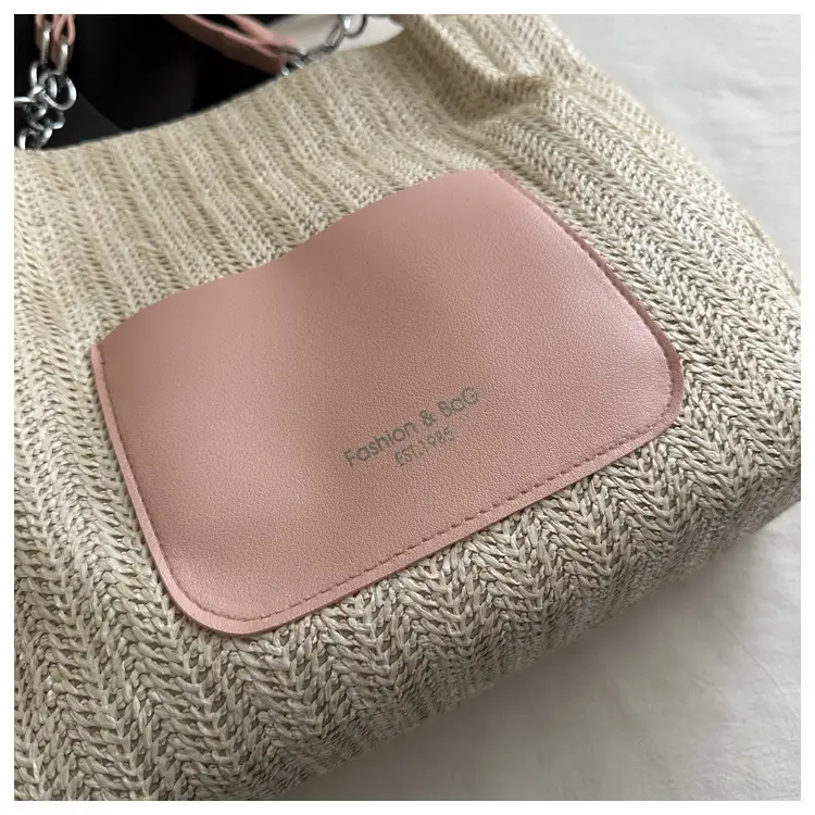 Women's Beige Straw Tote Bag with Pink Leather Panel — feature 9