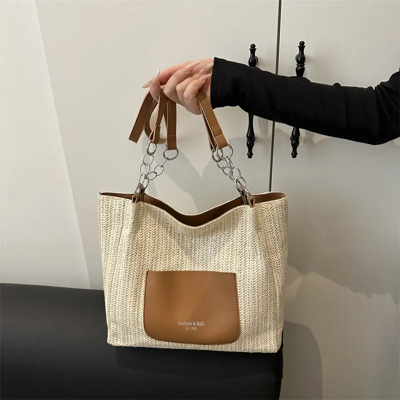 Women's Beige Straw Tote Bag with Pink Leather Panel - Image 3